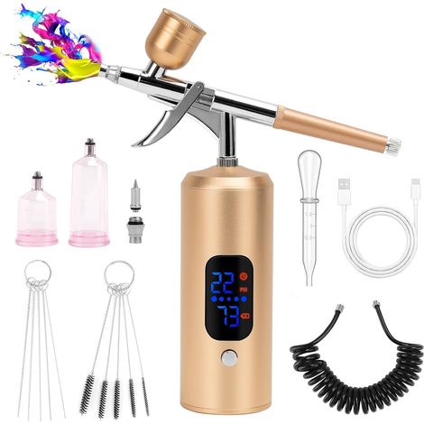 Kit Aérographe Sans Fil, 38PSI Réglable avec Compresseur, Rechargeable, Écran LCD, Tuyau Extension, Idéal pour Coiffure, Nail Art, Décoration Gâteaux, Maquillage, Peinture Modélisme (1/5)