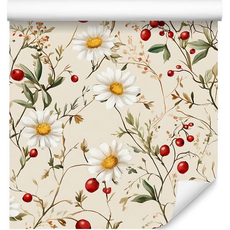 Papier peint à motifs de marguerites, crème, beige, blanc et rouge, pour salon et chambre, 50 x 1000 (1/5)