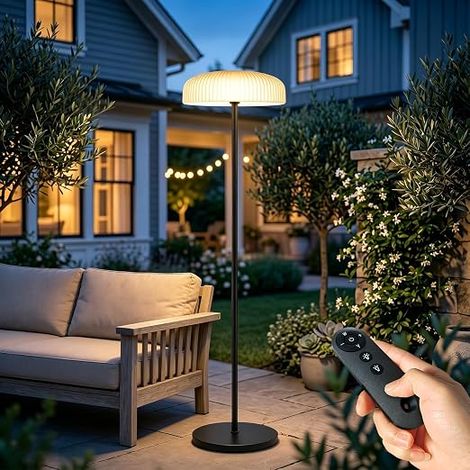 Lampadaire solaire pour patio extérieur, lampe LED sans fil avec télécommande, 10 niveaux de luminosité, blanc chaud et blanc froid, imperméable, rechargeable 4000mAh (1/5)