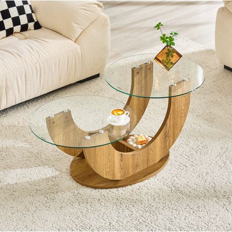 Table basse ronde avec 2 plateaux en verre trempé, rangements ouverts et patins en feutre, MDF couleur bois (1/5)