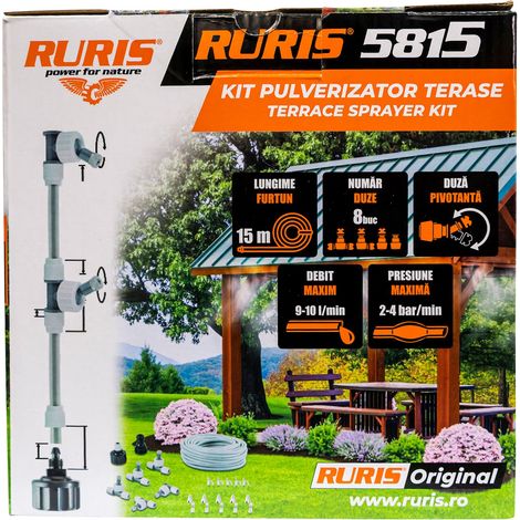 RURIS Brumisateur de terrasse 5815 - Tuyau 15M - 8 Buses Pivotantes en Laiton - Débit 9-10 L/min - Pression 2-4 Bar - Jardin Terrasse Pergola (1/5)