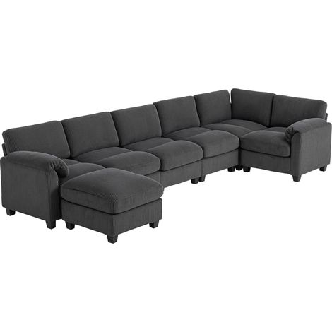 Canapé d’angle en forme de U avec rembourrage à ressorts, accoudoirs capitonnés, pouf mobile, velours côtelé, dimensions 292 × 224 × 85 cm, gris foncé (1/4)