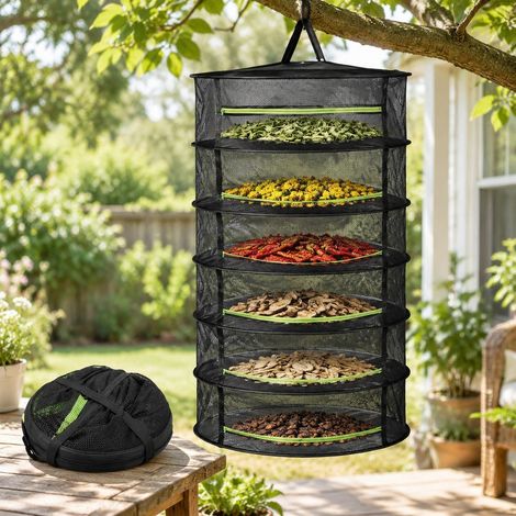 Séchoir à herbes à 6 niveaux, filet de séchage en maille suspendue pliable de 59.9 cm avec fermetures éclair et sac de rangement, pour herbes, (1/5)