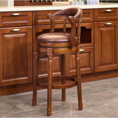 Tabouret de bar pivotant 360° cuir véritable bois OKMYHOME (1/5)