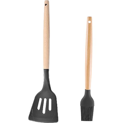 Ustensiles De Cuisine En Silicone - Résistance Haute Température - Poignées En Bois Pour Casseroles Antiadhésives - Lot De 2 Pièces (1/5)