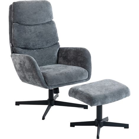 Polstersessel mit Fußhocker, Lounge-Sessel mit hoher Rückenlehne, Metallbasis, für Wohnzimmer, Schlafzimmer, Grau