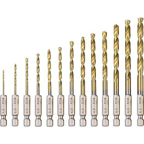 13-teiliges HSS-Spiralbohrer-Set, Sechskantbohrer aus Hochleistungsschnellstahl mit Titanbeschichtung, 1,5 mm – 6,5 mm, zum Bohren von Holz, Metall und Kunststoff (1/3)
