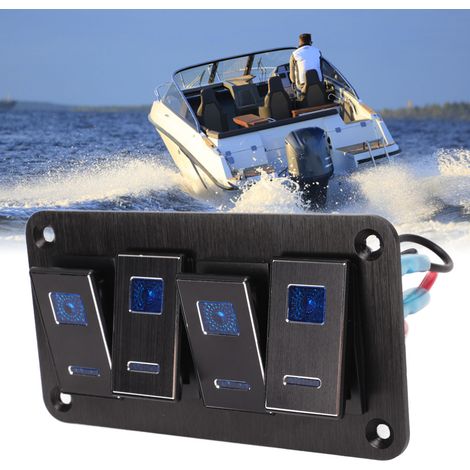 Bedienfeld für die Mittelkonsole von Pkw, Wohnmobilen und Yachten, wasserdichter 4-Wege-Schalter aus gebürstetem Metall, doppelter Ein-/Ausschalter, schwarz eloxiert blau. (1/5)