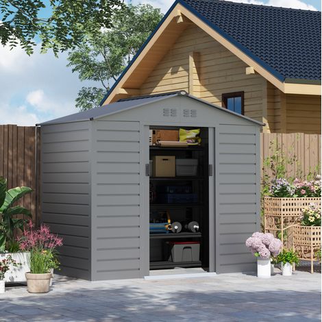 Casetta da giardino in acciaio zincato 213 x 131 x 192 cm, tetto a due falde, grigio, OKWISH (1/5)