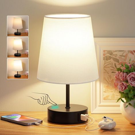 Lampe de Chevet Tactile avec Ports de Charge USB-C+A, Intensité Variable à 3 Voies, Abat-jour Blanc Base Noire, Petite Lampe de Table pour Chambre Salon D'enfant Bureau(Ampoule Incluse) (1/5)