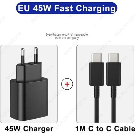 Chargeur USB-C PD 45 W, adaptateur de charge ultra-rapide pour Samsung Galaxy S24, S23, S22 Ultra, A54, A15, A55 5G, câble USB-C, 45 W, noir (norme européenne). (1/5)