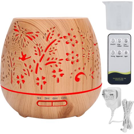 Diffuseur d'aromathérapie 400ml en bois grainé, à commande à distance, prise UK 110-240V, design creux pour humidification. (1/5)