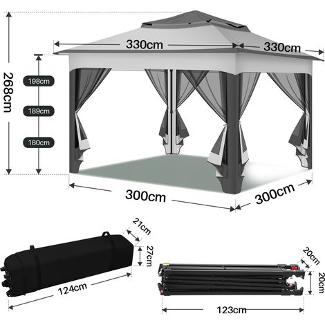 Wolketon Faltpavillon Pop-up 3,3×3,3 m Gartenpavillon Pavillon mit Moskitonetz & UV-Schutz – Schnellaufbau Sonnenschutz Pavillon mit doppelt belüftetem Dach, inkl. Tragetasche & Sandsäcke, Grau