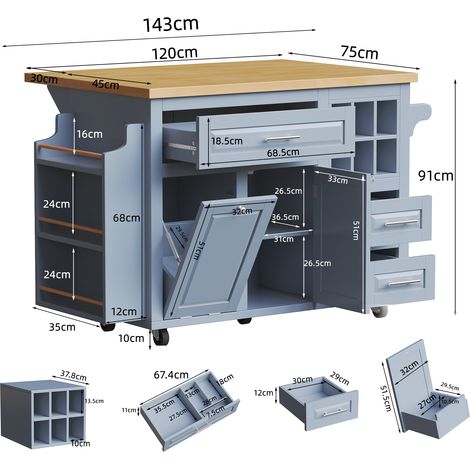 Chariot de cuisine ergonomique, meuble roulant avec tiroirs, panier à vin amovible, étagère latérale pour snacks et espace poubelle, table roulante multifonction pour cuisine, salle à manger et bar. (1/5)
