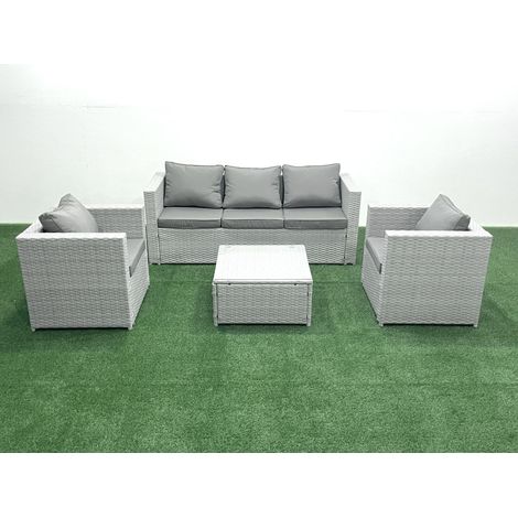 Fimous 5-Sitzer Polyrattan Gartenmöbel Set mit 3-Sitzer Sofa 2 Sesseln Quadratischer Couchtisch Hellgrau gemischt