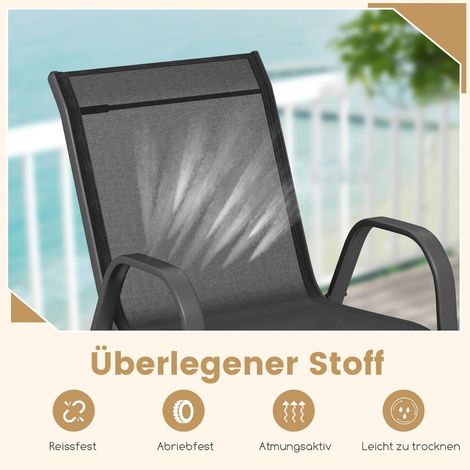 Set di 4 sedie impilabili per esterni, nere, in metallo e textilene