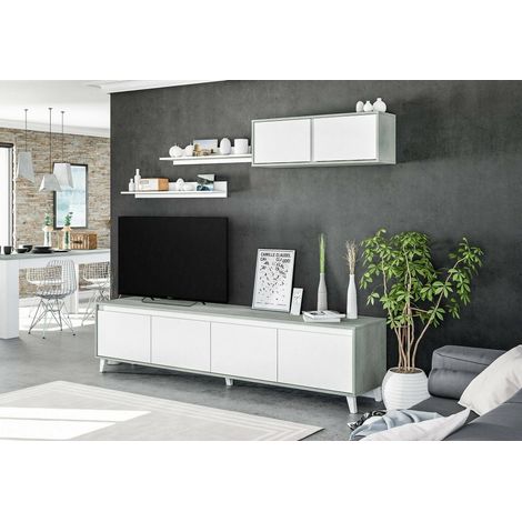 Dmora - Mueble de pared Dmuldu, Conjunto de salón, Mueble de salón multiusos, Mueble de pared moderno, 200x41h50 cm, Cemento y blanco brillante (1/4)