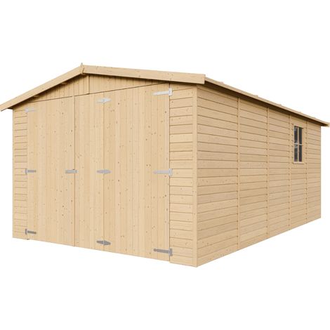 GARAGE en Bois Naturel - Chalet en Pin/épicéa- H222x516x324 cm/15 m² - Construction de Panneaux- Atelier de jardin - Rangement pour vélos, remise à outils-TIMBELA M101