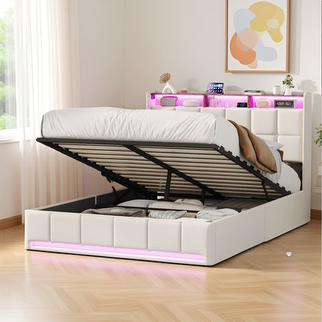 Polsterbett Doppelbett 140x190 cm mit Hydraulischem Stauraum, mit LED und USB-Ladestation, Modernes Jugendbett, Bett mit Kopfteil und Lattenrost, Leinen Beige, Ohne Matratze