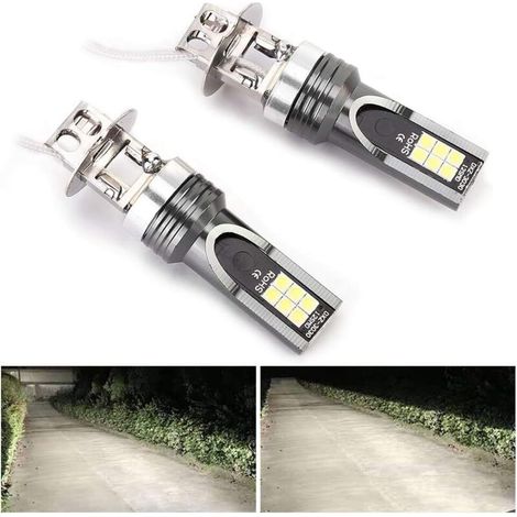 2pcs LED ampoule de phare, 2525 12LED phare de véhicule de voiture replacement pour ampoule de phare H3 DC12V-24V blanc 6500K-7500K (1/2)
