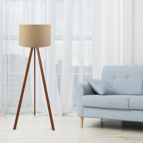 Lampadaire trépied effet bois noyer, abat-jour beige KILIS (1/3)