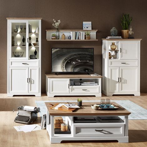 Landhaus Wohnwand inkl. Couchtisch JÜLICH-36 in Pinie weiß und Artisan Eiche Nb., Vitrine inkl. LED - B/H/T: 359/204/51cm (1/5)