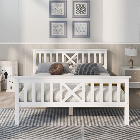 Lit adulte 140x200cm - avec tête de lit réglable, sommier à lattes, lit en bois solide, style Scandinave lit double, pin - Blanc (1/5)