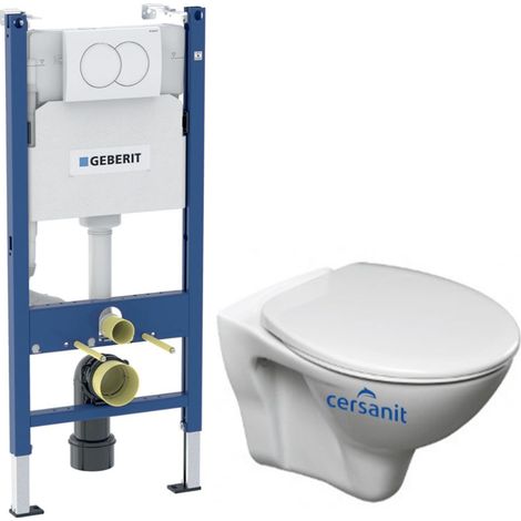 Pack WC Bati-support GEBERIT Duofix + WC Cersanit S-line Pro + Abattant + Plaque blanche (S-LineProGeb3) (1/5)