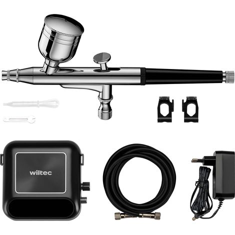 Wiltec HS-A10K Kompressor Zubehör Set 2,8 bar, Airbrush Set 12 V, Airbrushpistole mit 0,3 mm Düse, Druckluft Kompressor mit Air Brush