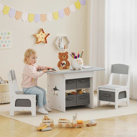 Ensemble table et 2 chaises enfant avec 6 tiroirs amovibles. pour fille garçon 3-8 ans. gris (1/5)