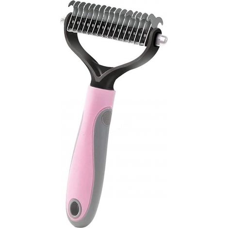 Outil de toilettage pour animaux de compagnie, peigne double face pour chien et chat, éliminant efficacement et en toute sécurité les poils courts et longs (rose) (1/5)
