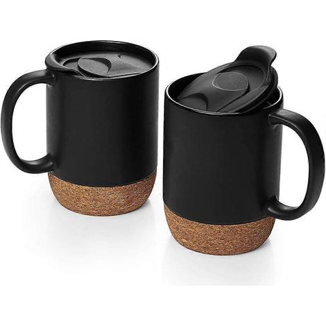 Lot de 2 grandes tasses en céramique de 44 cl (15 oz), avec fond en liège isolant et couvercle anti-éclaboussures. Convient aux hommes et aux femmes. Idéal pour le café et le thé. Couleur : noir. (1/5)