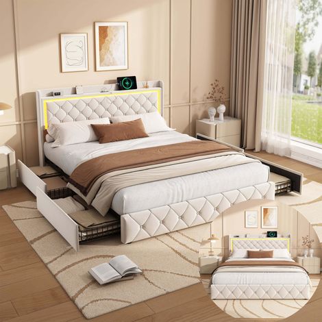 BSMGSGN-Lit double 140x190 cm avec LED et USB, 4 tiroirs de rangement sous lit, cadre de lit rembourré en velours beige avec sommier à lattes, lit adulte et adolescent, sans matelas (1/5)