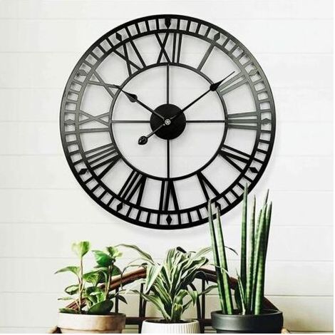 Garten-Set, wetterfeste Retro-Gartenuhr mit römischen Ziffern im Vintage-Stil, schlichtes Schmiedeeisen, geräuschlose, batteriebetriebene Außenuhr, 40 cm (1/5)