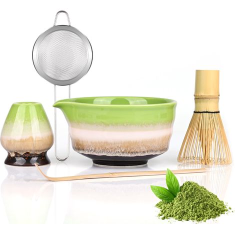 Kit de Matcha de 5 piezas: incluye un batidor de bambú, una cuchara, un colador, un tazón de Matcha de 520 ml y un soporte para accesorios de ceremonia del té, verde