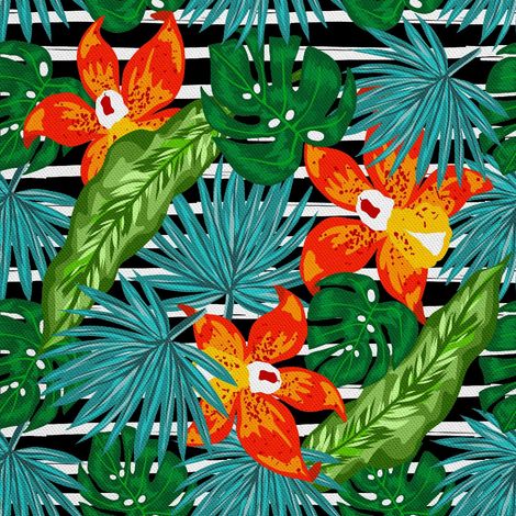 Telas decorativas para exteriores Oxford: estampado de flores y hojas sobre rayas. (1/5)