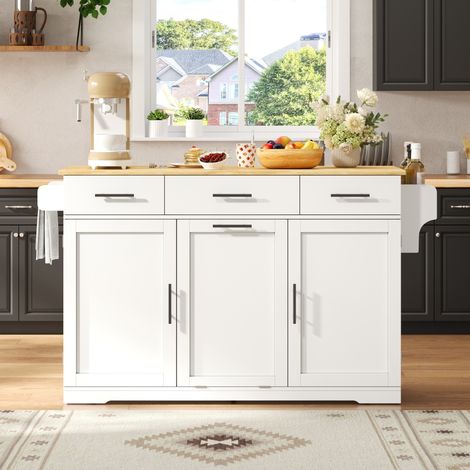 Mobile da cucina con piano ribaltabile, 3 cassetti, prese USB, bianco e naturale HAVRYA (1/5)