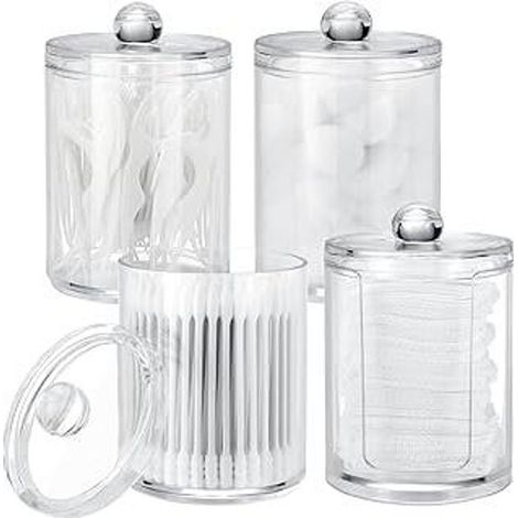 Boîte de rangement pour 4 cotons-tiges, rangement en acrylique pour disques de coton, porte-coton-tiges, boîte de rangement pour boules de coton, distributeur de disques de coton pour coiffeuse et sal