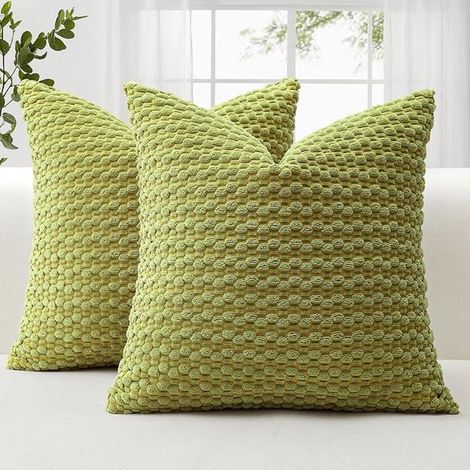 Lot de 2 housses de coussin 45x45 cm, velours côtelé vert, fermeture éclair discrète, décoration intérieure salon et chambre