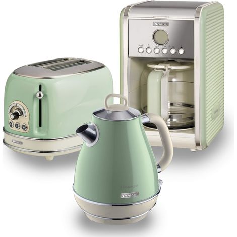 Ariete ARPK8 Retro Style Jug Kettle, 2 Slice Toaster and Filter Coffee Machine Set, Vintage Design, Green