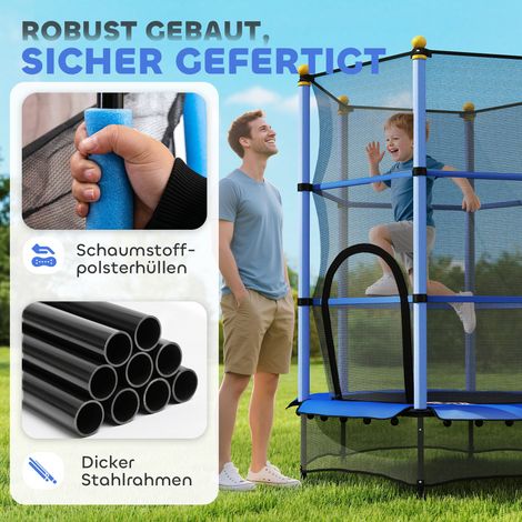 Trampoline enfant 140 cm avec filet protection, usage intérieur extérieur, acier plastique, charge max 50 kg, bleu
