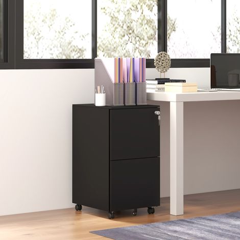 Rollcontainer Aktenschrank, 2 Schubladen, ab­schließ­bar, rollbar, 37 cm x 43,5 cm x 67,5 cm, Schwarz