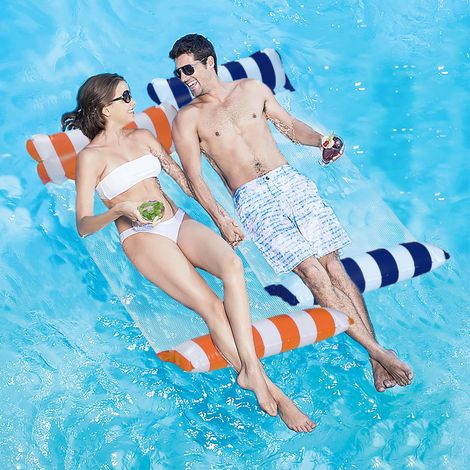 Hamac Gonflable Bleu et Orange pour Piscine, 2 Pièces Design 4-en-1, Matelas Flottant Pliable, Fauteuil Flottant Plage Lac Été (1/5)