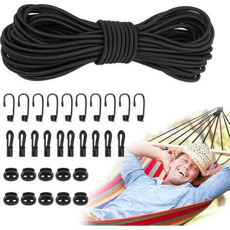 Tendeur Élastique 5mm 15m Imperméable pour Bâche de Remorque Camping Kayak Corde Élastique Extensible Noir avec 10 Crochets en Spirale, 10 Crochets en Plastique, 10 Bouchons de Corde (1/5)