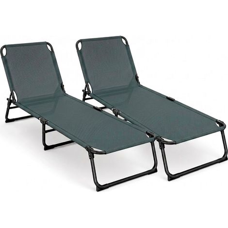 Set Di Sdraio Pieghevoli Prendisole Senza Tettuccio Con Schienale Regolabile Struttura In Metallo Nero Relax Outdoor Per Spiaggia Piscina Giardino 187 x 53 x 24 Cm Grigio Scuro