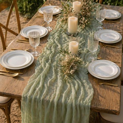 Lot de 2 chemins de Table en étamine, 90 x 300 cm, Chemin de Table, Cuisine, décoration de Table pour Mariage, décoration de Table, Anniversaire, fête prénatale, Noël, Nouvel an (Vert Sauge) (1/5)
