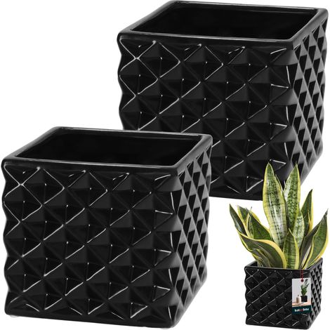KOTARBAU® 2 uds. Maceta cuadrada de cerámica de 14 x 14 cm para salón, de la colección Piano, con motivos geométricos, color negro, decorativa y elegante. (1/5)