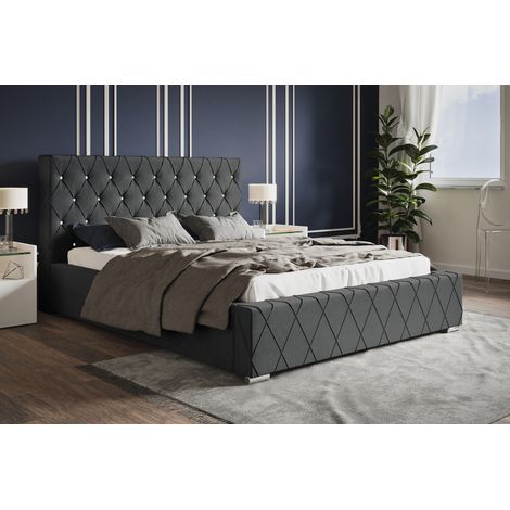 Lit Tapissé 160x200 cm Leno - Cristaux, Tiroir de Lit, Cadre de lit avec sommier à Lattes - Lit Double avec Tissu Velours, Style Glamour (Gris foncé - Amor Velvet 4321)
