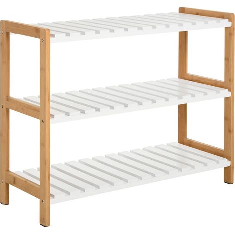 Dreistöckiges Schuhregal aus Kiefernholz mit drei Ablagen, für Wohnzimmer und Flur, 70 x 26 x 57,5 cm, Weiß und Naturholzoptik (1/5)