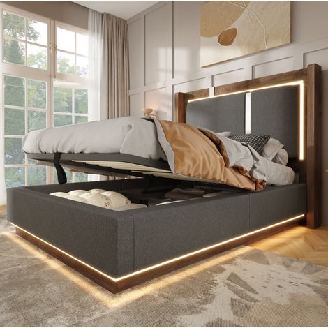 Polsterbett mit Bettkasten 90x200 cm, LED, Lattenrost, hydraulisch, grau und Walnuss OKMYHOME (1/5)